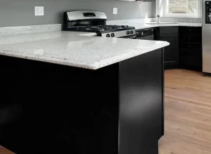 Speckled quartz countertops with black cabinets - Brucksch And Sons Contracting