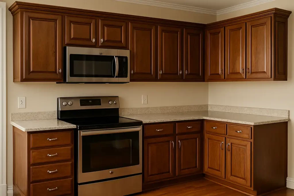 Newly remodeled kitchen with deep brown refinished wood cabinets and stainless steel appliances.