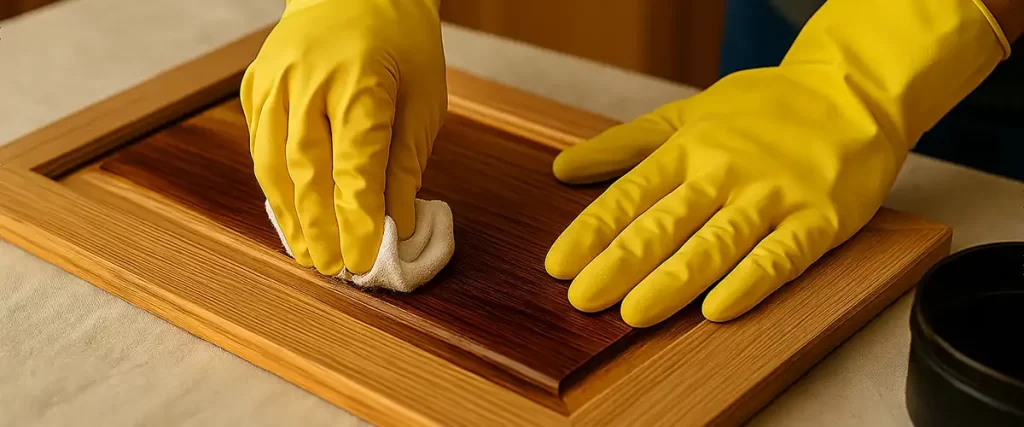 Close-up of a person wearing yellow protective gloves while applying wood stain to a cabinet door with a cloth.