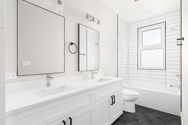 White contemporary L shaped bathroom