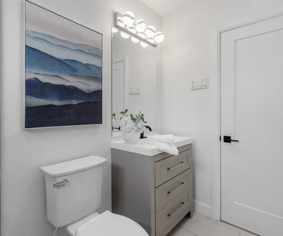 Bathroom With Vanity Lighting and Grey Cabinet