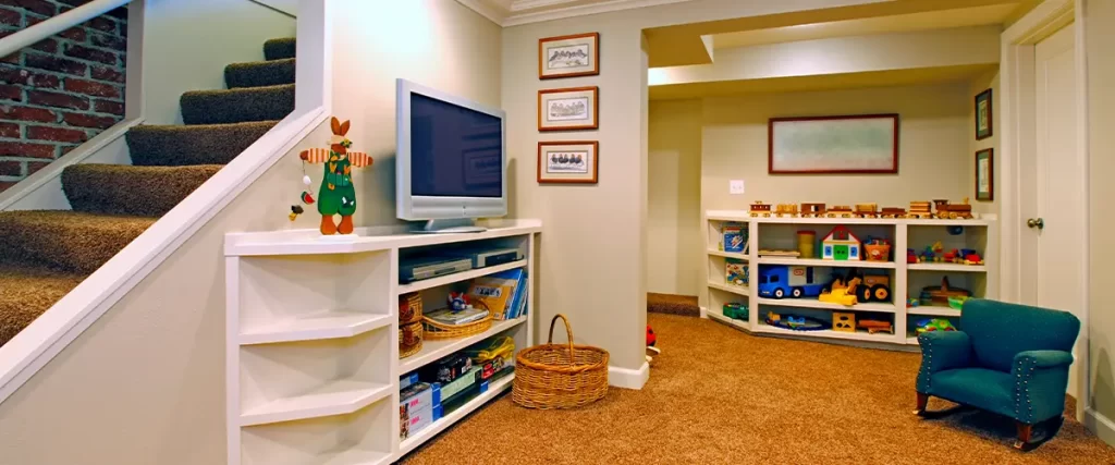 Colorful kids' basement playroom with built-in toy shelves, TV nook, and carpeted stairs with brick accent wall.
