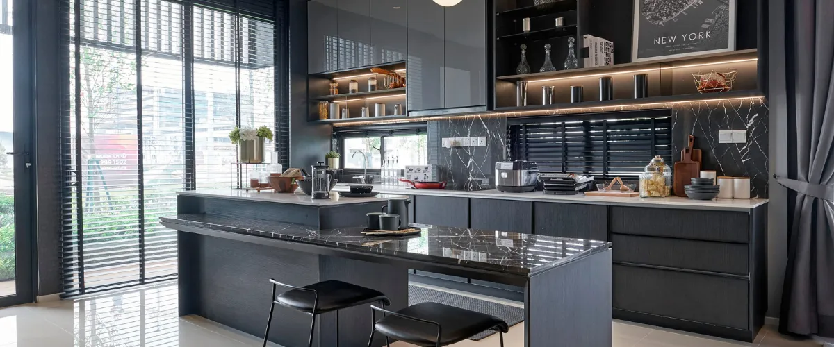 Dark modern kitchen with black cabinets, marble countertops, and open shelving.