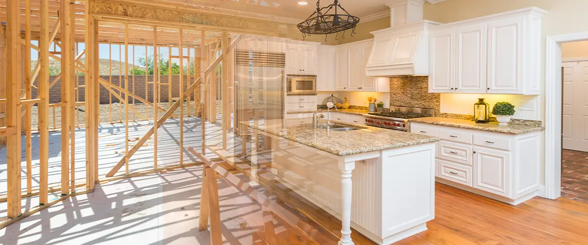 Before-and-after of a kitchen remodel with framing and finished cabinetry blended