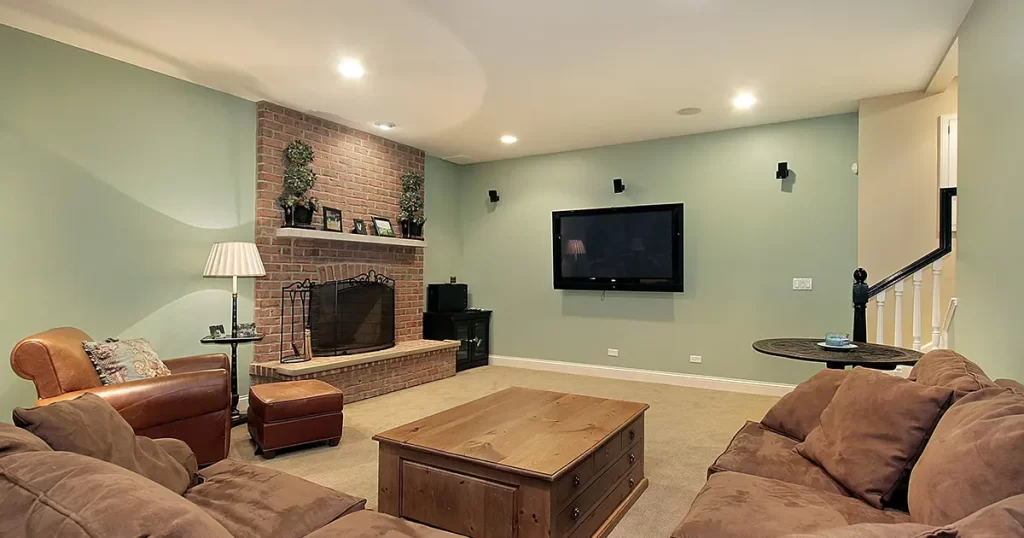 Cozy basement with TV and brick fireplace