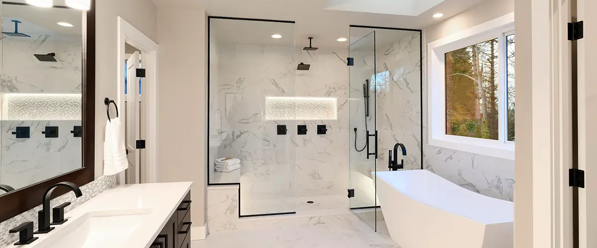 Modern bathroom with walk-in shower and freestanding tub