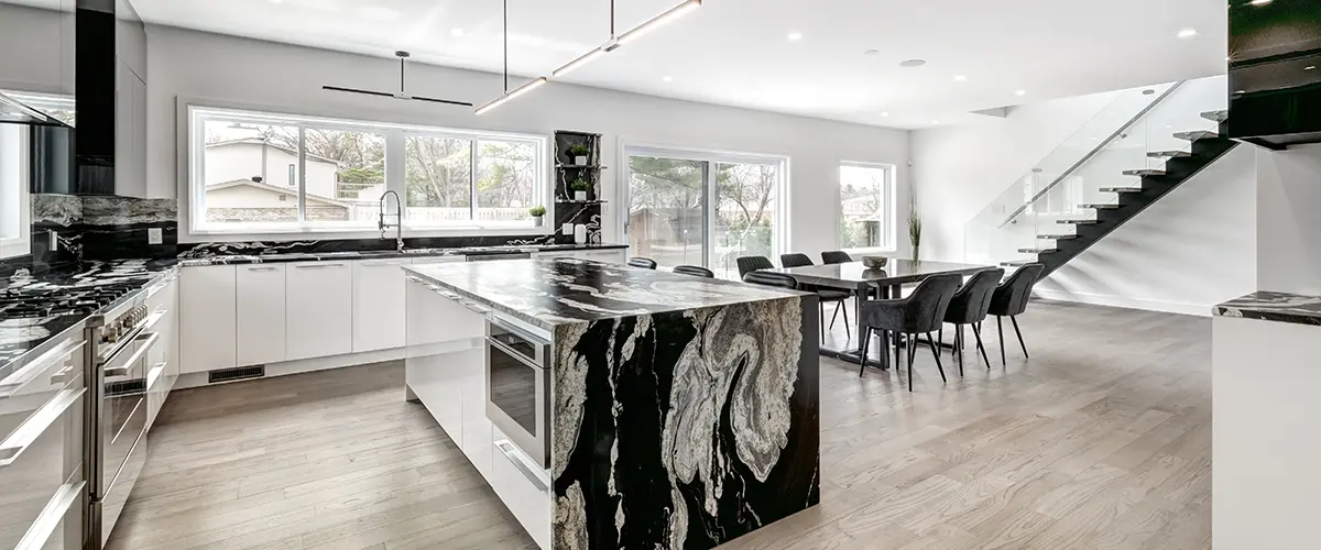 Modern kitchen with bold black marble island