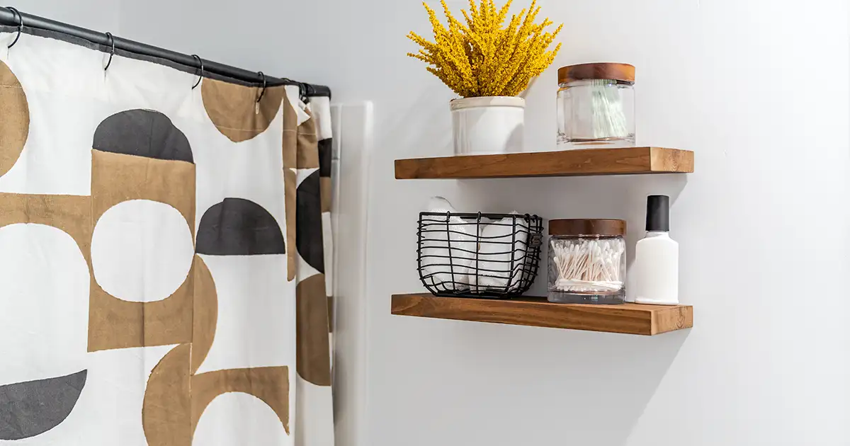 Floating wood shelves with bathroom storage jars and decor - bathrooms shelves ideas