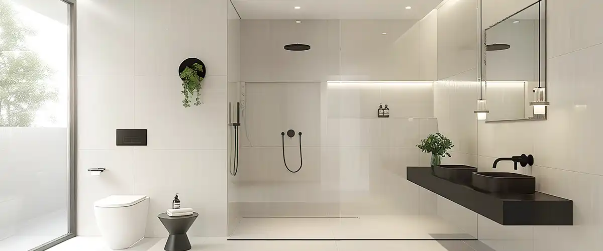 walk in shower with black fixtures and double vanity