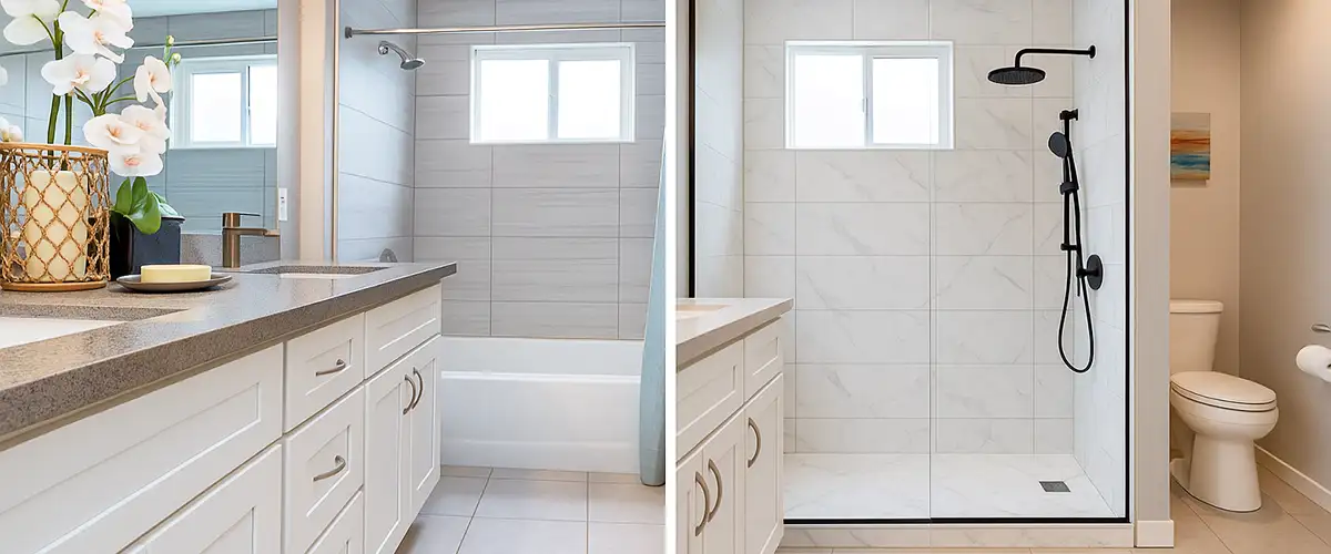 Bathroom before and after tub to shower conversion with white tile