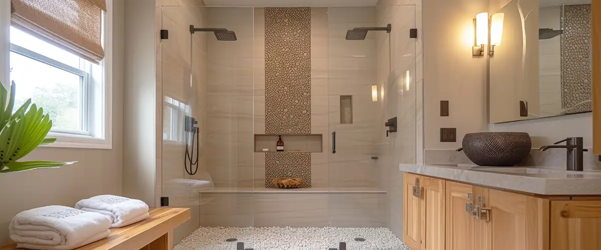 Modern bathroom with dual rainfall showers and pebble tile accent wall