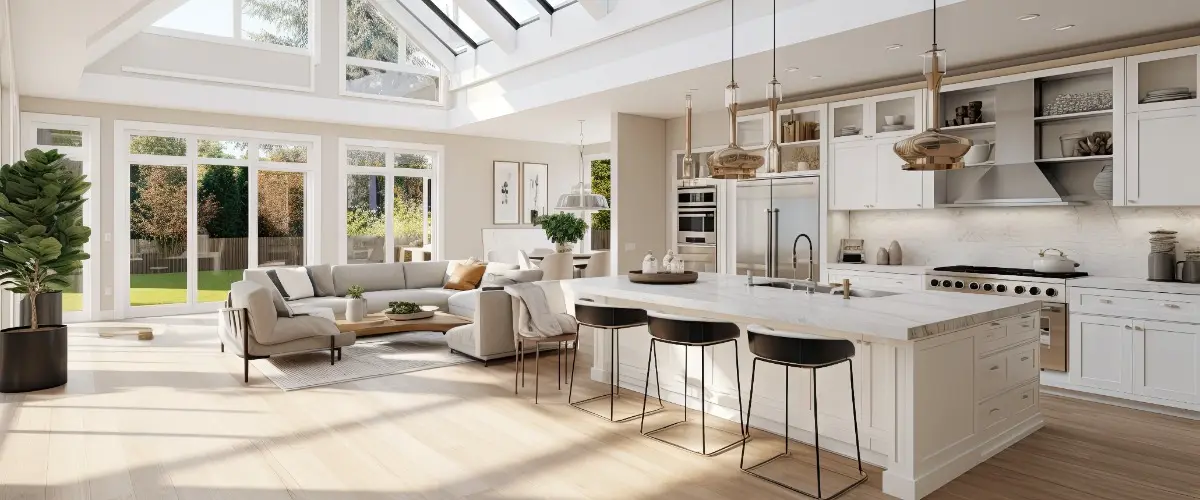 A spacious kitchen featuring a large skylight that brightens the area with natural light.