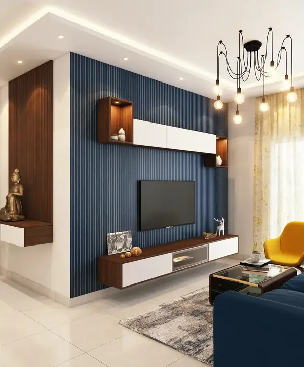 Close-up of a modern interior wall design with blue vertical paneling, showcasing a flat-screen TV and floating wooden cabinets with minimalist decor.