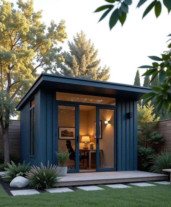 A modern backyard home office created through professional ADU construction in Anne Arundel County, MD featuring blue siding and glass doors.