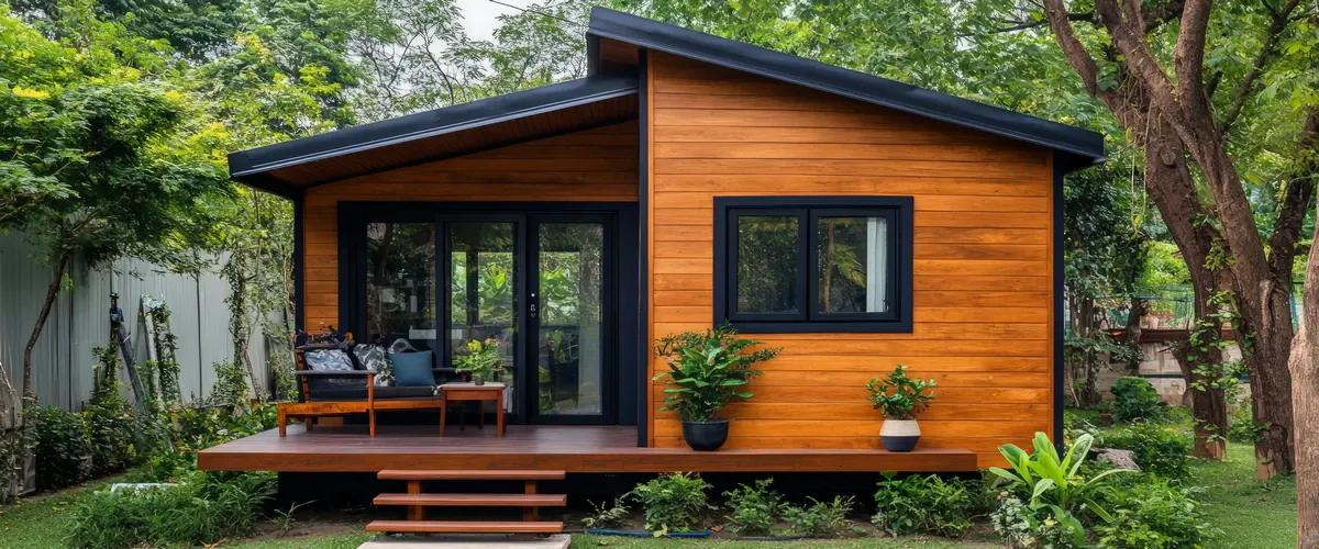 A finished luxury ADU featuring natural horizontal wood siding, modern black window frames, and a matching wooden porch deck surrounded by lush landscaping.