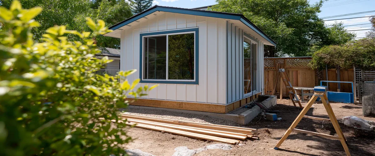 A modern white backyard ADU with blue trim under construction featuring vertical board and batten siding and a large sliding glass window.