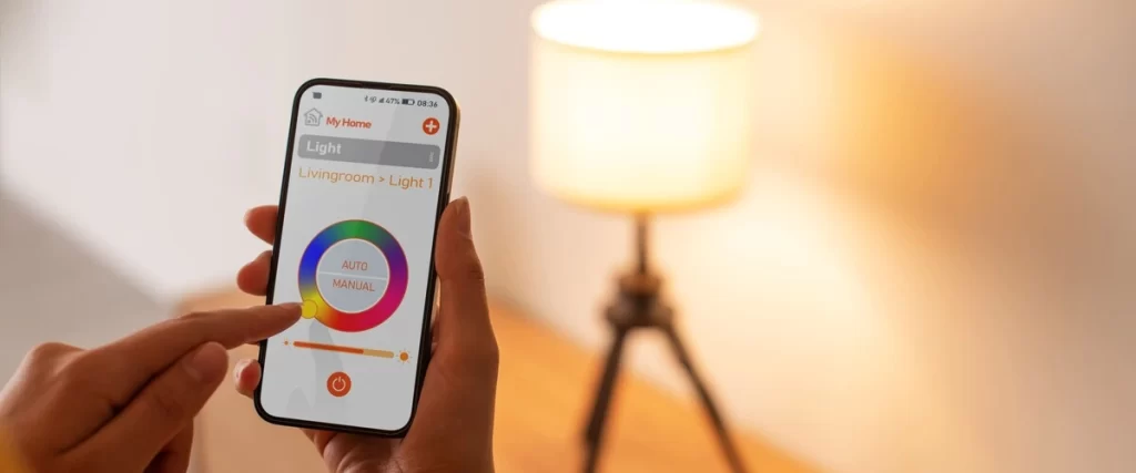 A person's hand using a smartphone application with a color wheel interface to adjust the warm glow of a smart lighting lamp in a finished basement.