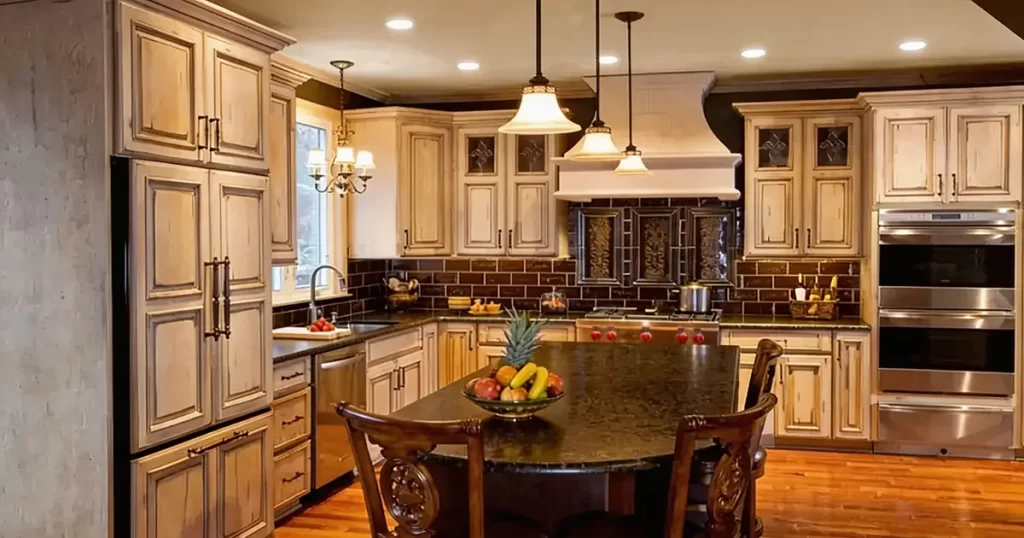 Large kitchen layout with island, perimeter cabinets, and range hood