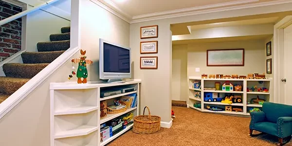 Carpeted basement playroom with kids’ toys, shelves, TV, and staircase leading to main level Carpeted basement playroom with kids' toys, shelves, TV, and staircase leading to main level